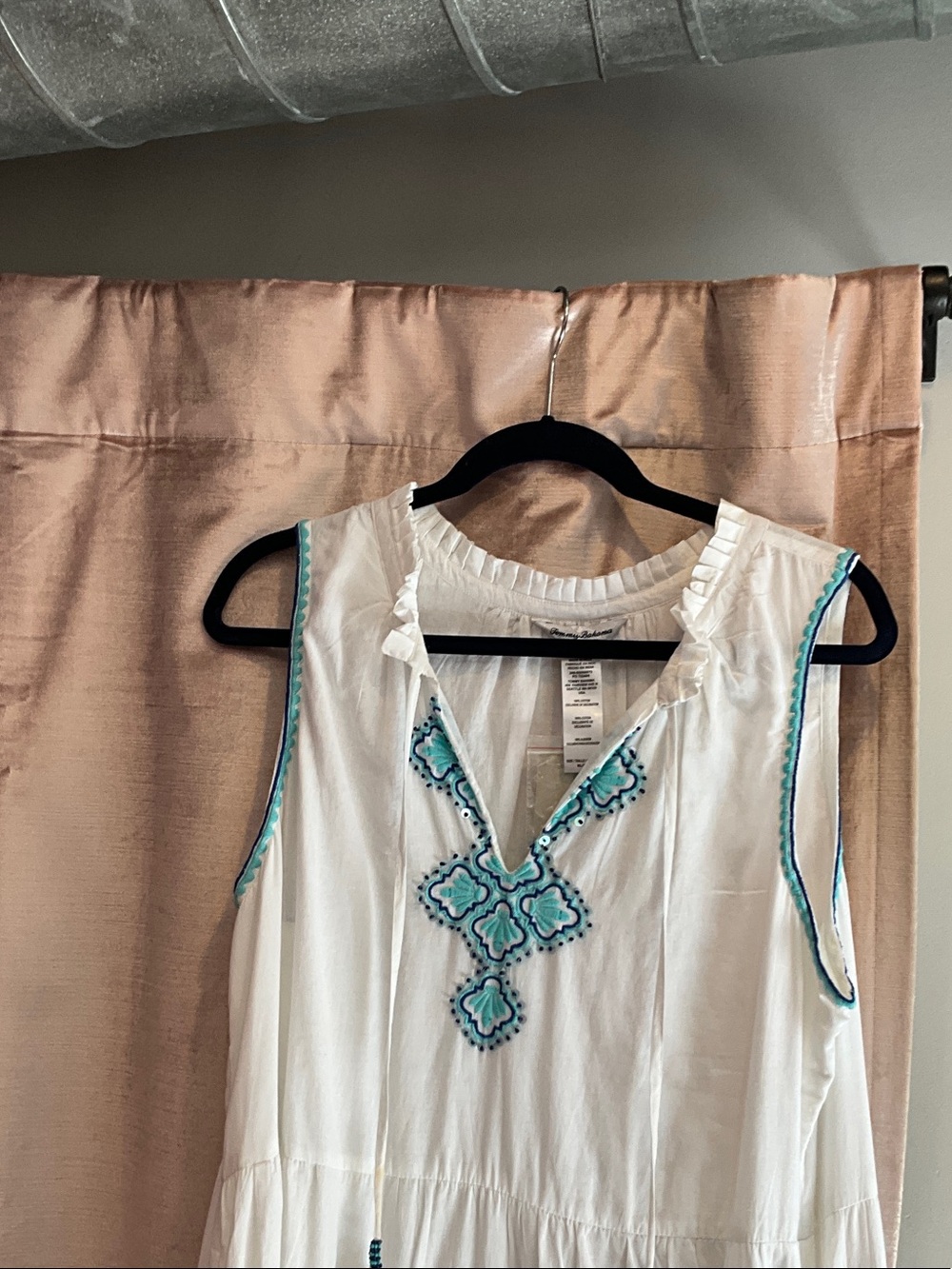 White Sleeveless Embroidered Tunic Dress with Teal Accents